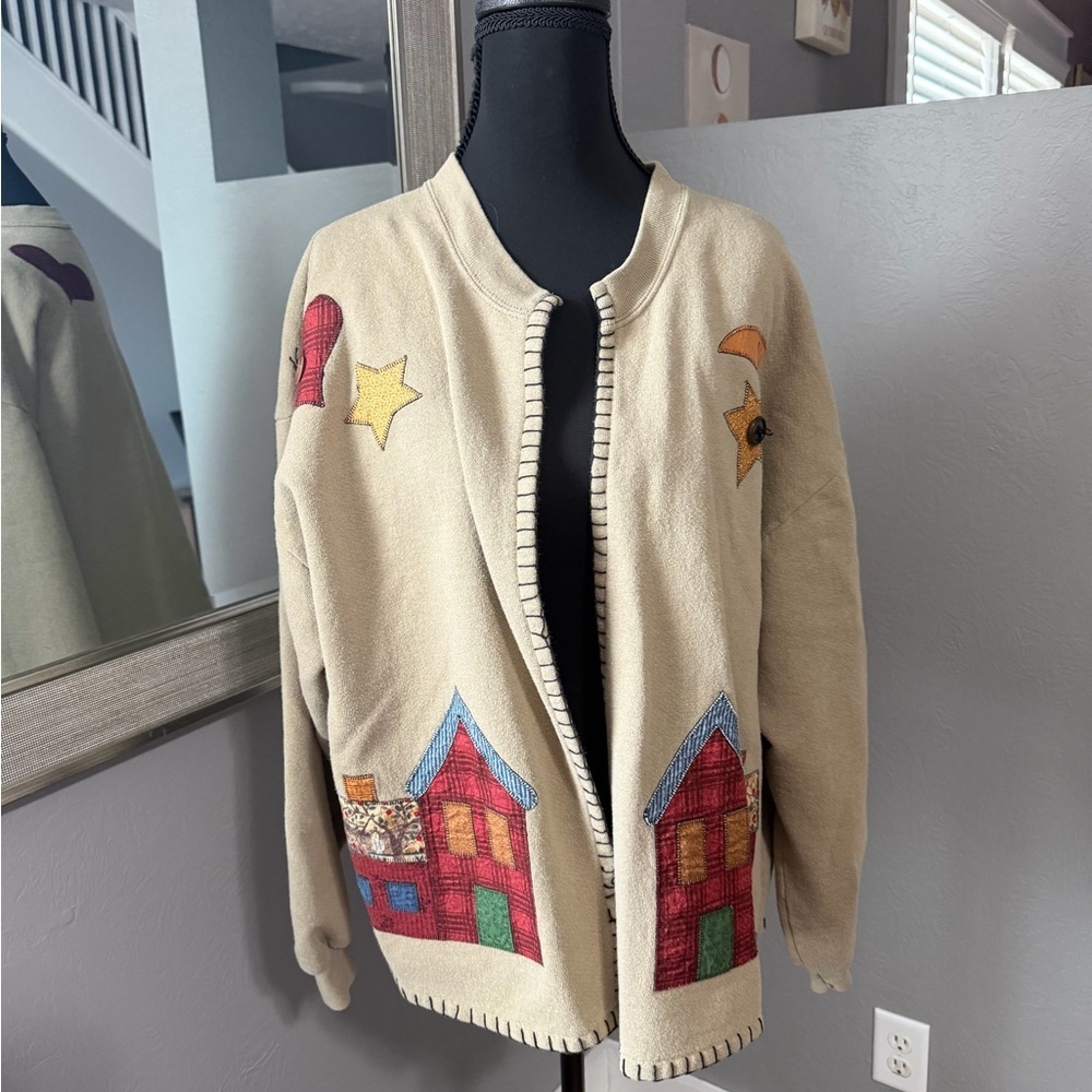 VTG Cottagecore Granny Twee Patchwork Farmhouse Beige Cardigan Large.